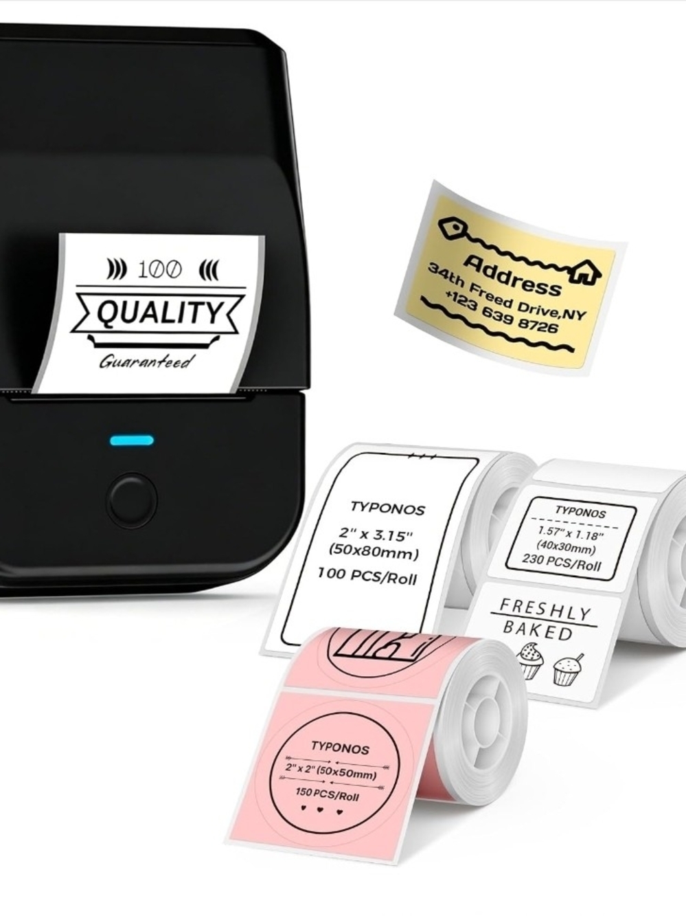 Typnos Thermal Label Printer with Assorted Sticker Rolls